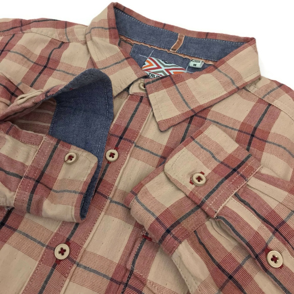 True Grit Pink Tan Plaid Button Down Shirt Size M